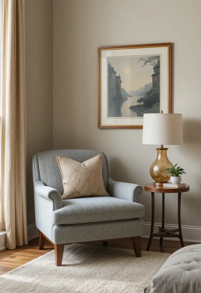 Accent chair in a cozy corner with a side table and lamp.