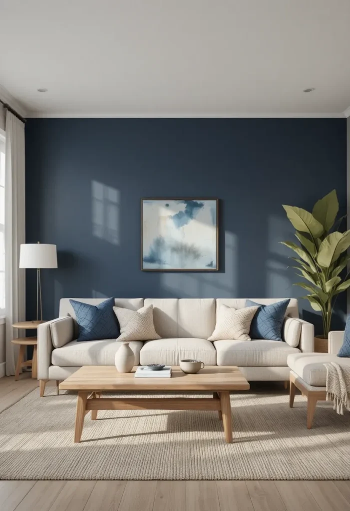 Living room with bold navy accent wall behind neutral sofa and light wood furniture