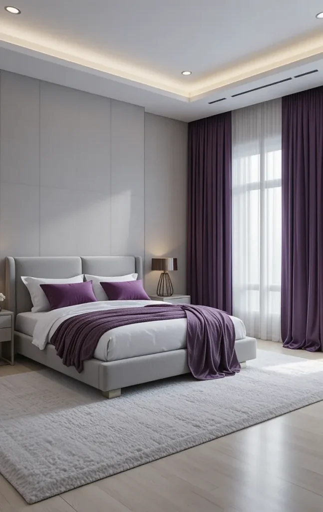 Gray bedroom with purple accents and modern styling.