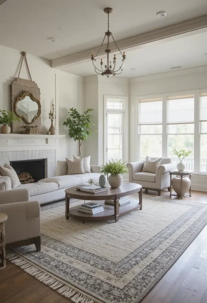 Layered rugs creating cozy farmhouse space.