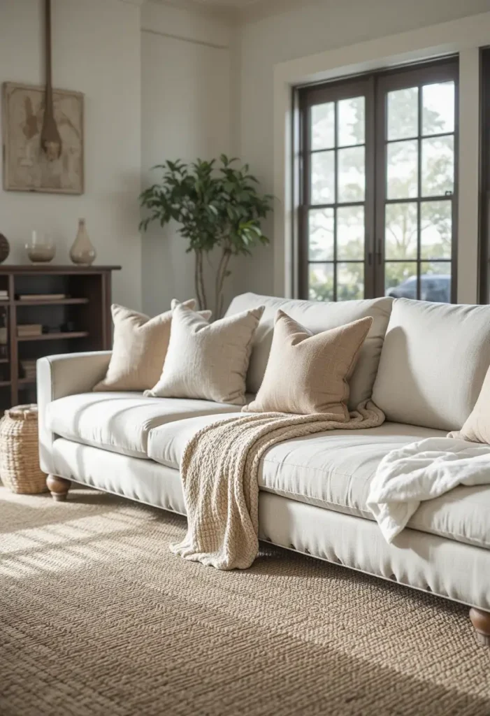 Layered textures with linen, knit, and jute in living room.