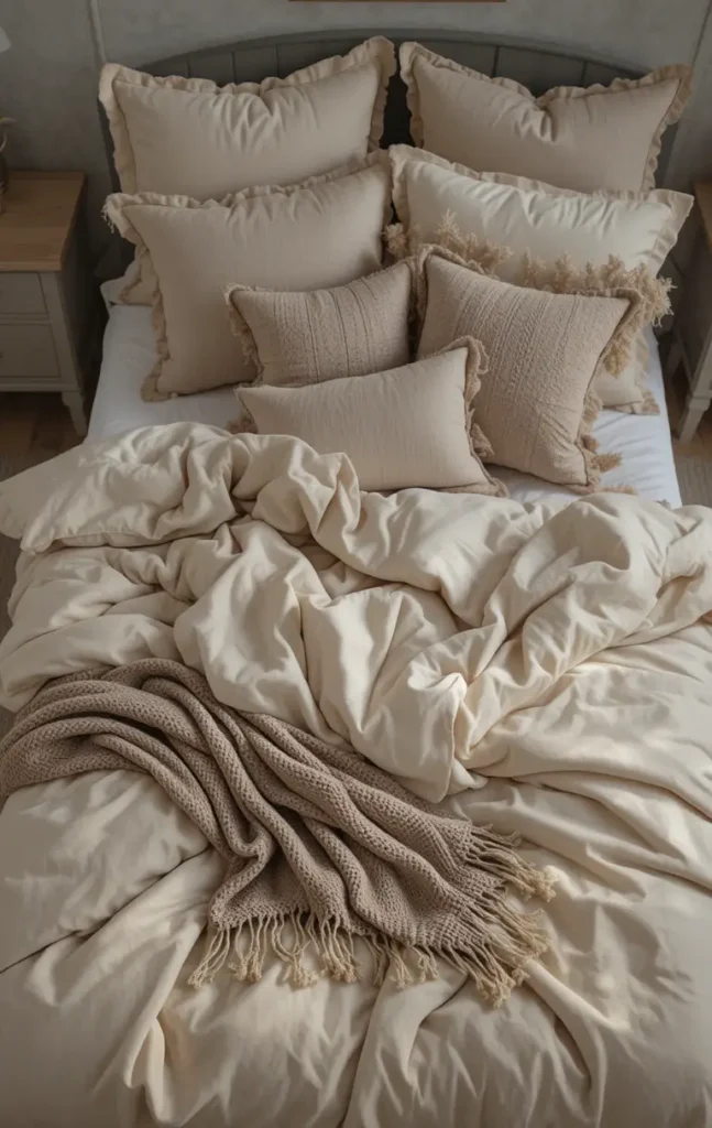 Cozy beach bedroom with linen and cotton bedding layered on a wooden bed.