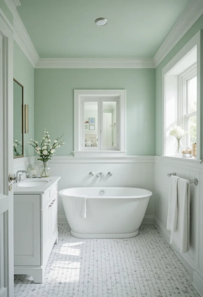 Bathroom featuring a soft green ceiling with white walls.