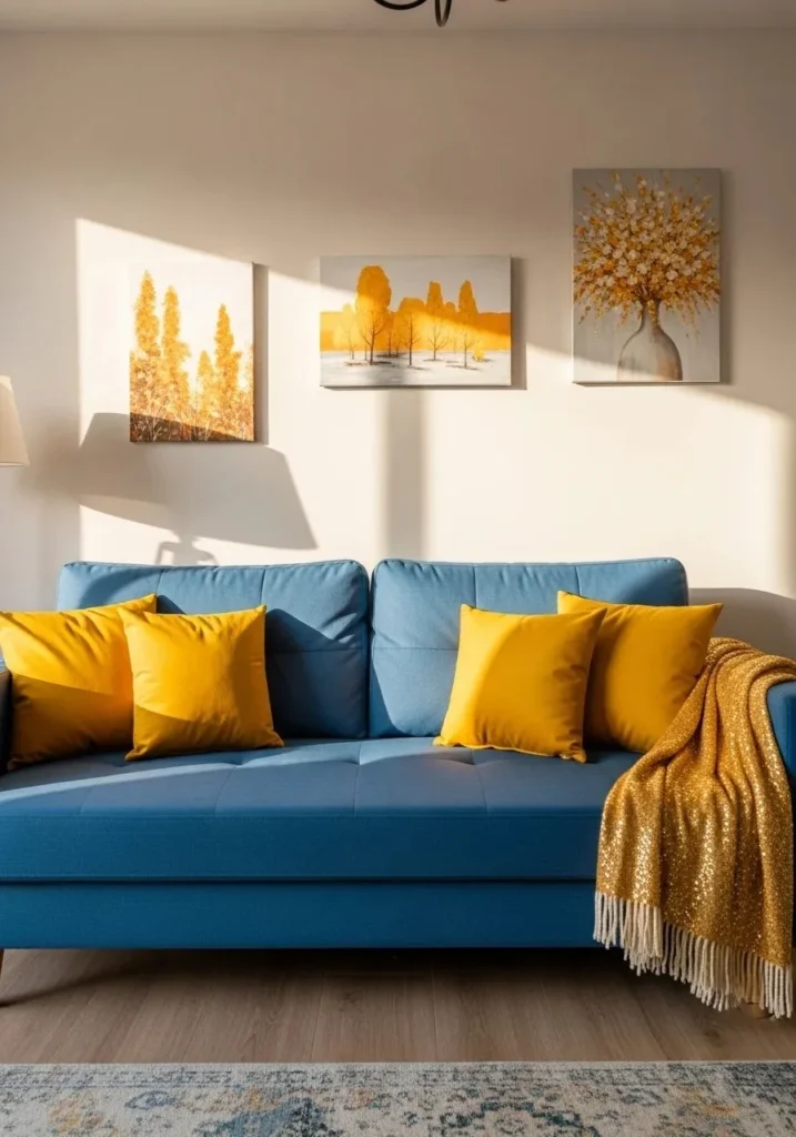 Blue couch with yellow accents.