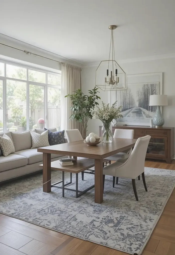 Rugs defining living and dining zones