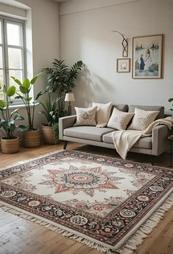 Layered rugs in living room adding texture and color under a sofa