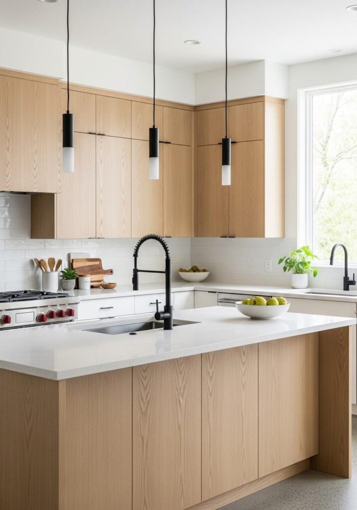 White oak cabinets with black accents.