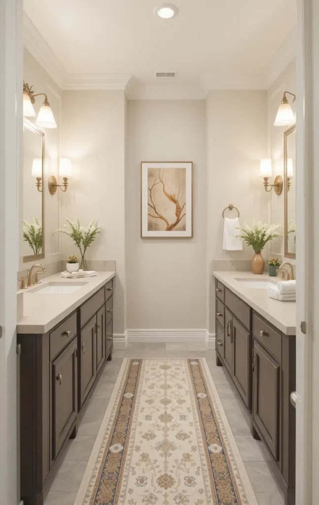 Long runner rug in front of double vanity in bathroom.