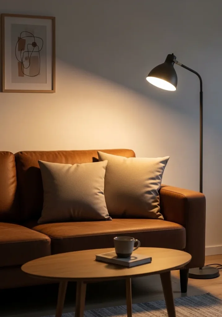 Minimal living room with brown sofa.