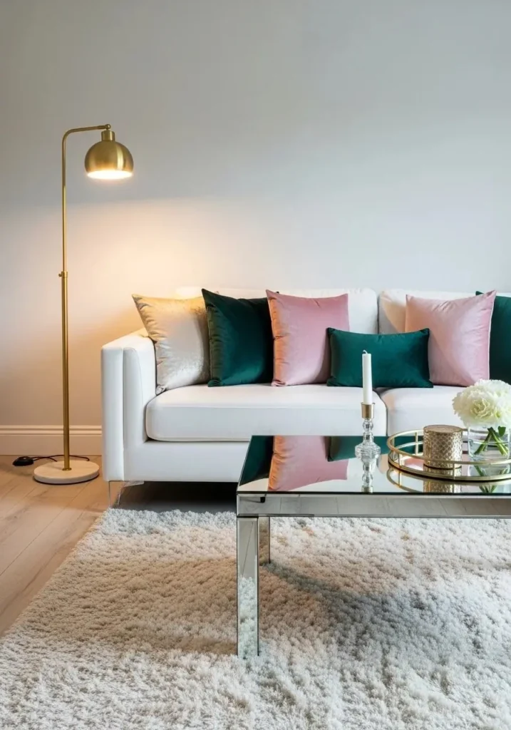 Glam white couch living room with gold and velvet accents.