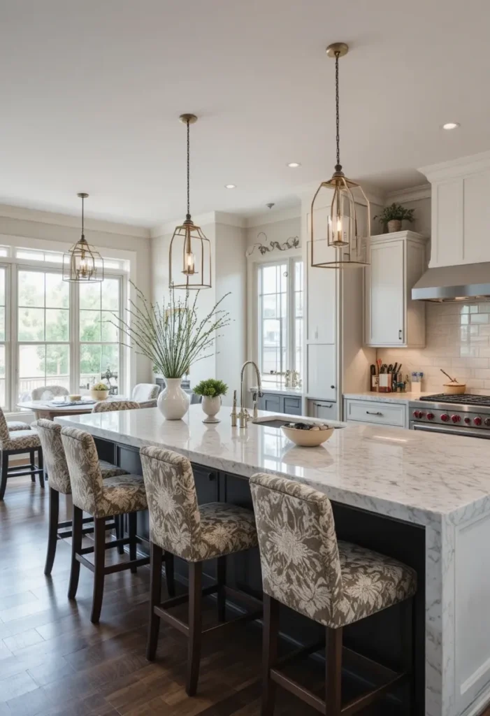 Swivel kitchen island stools with footrests for comfortable and social seating.