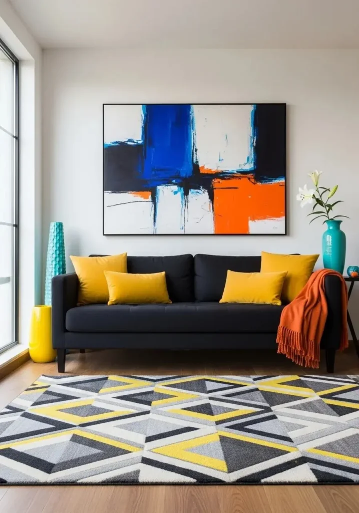 Black couch styled with mustard yellow accent pillows.