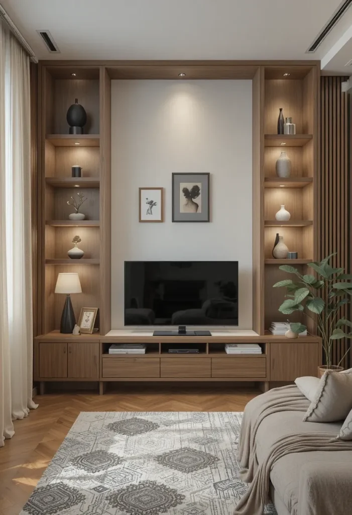 Shallow built-in shelves in a small living room maximizing storage