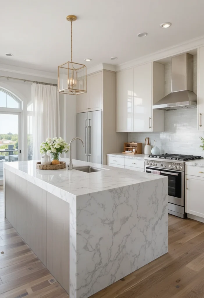 Durable quartz countertop on a kitchen island.