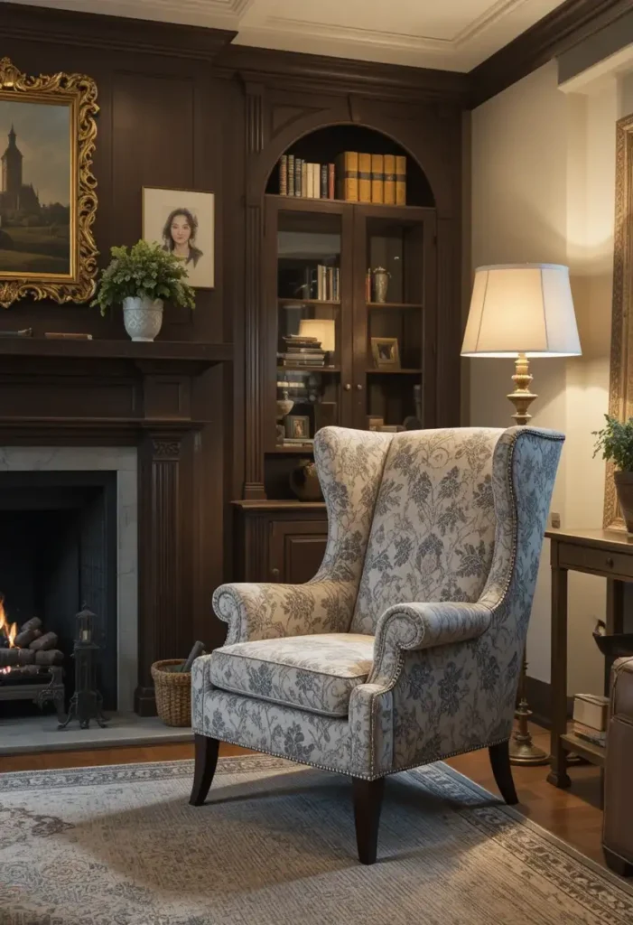 Wingback accent chair near a fireplace in a classic living room.
