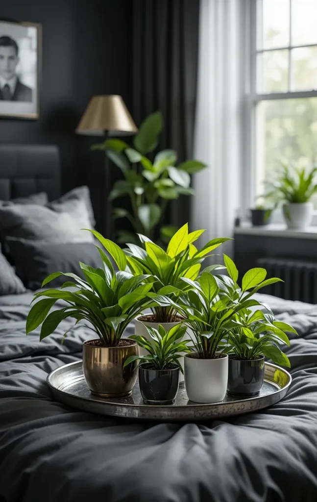 Green plants in black and silver bedroom for soft contrast and life