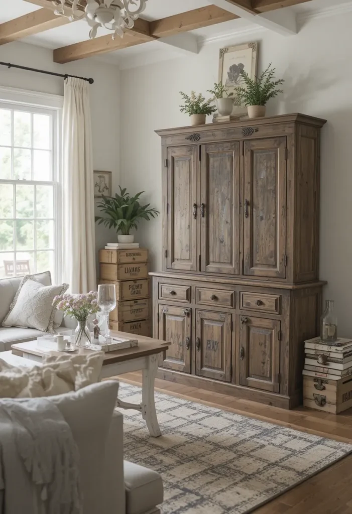 Vintage furniture in farmhouse living room