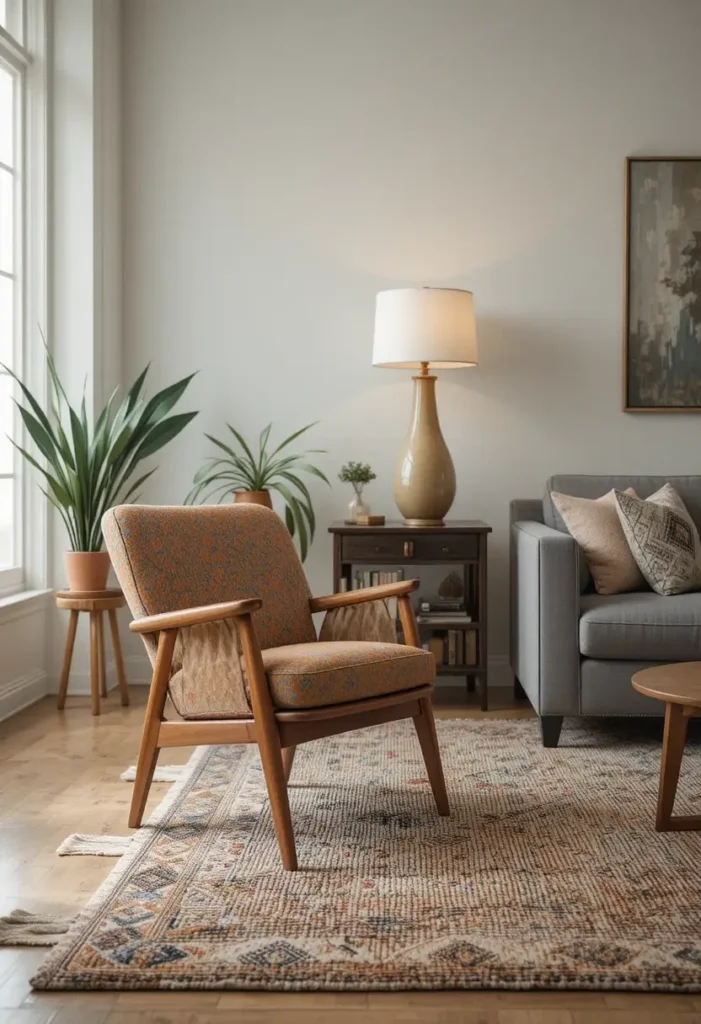 Accent chair floated from the wall in a mid-century style living room.
