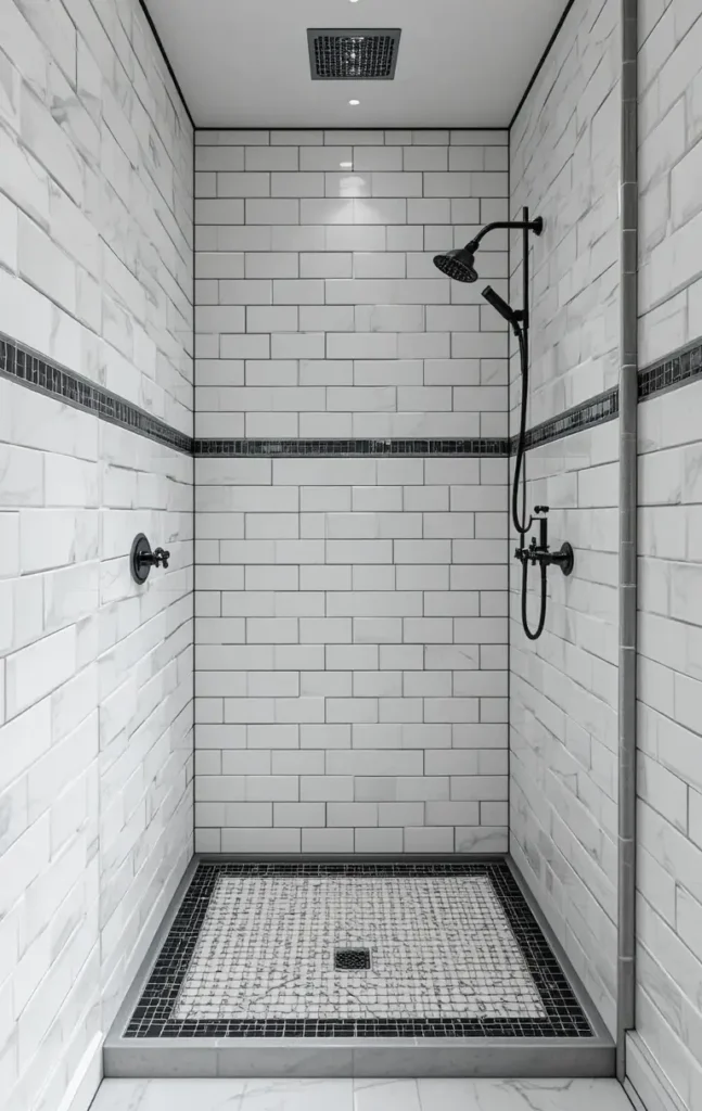 White shower tiles with black accents