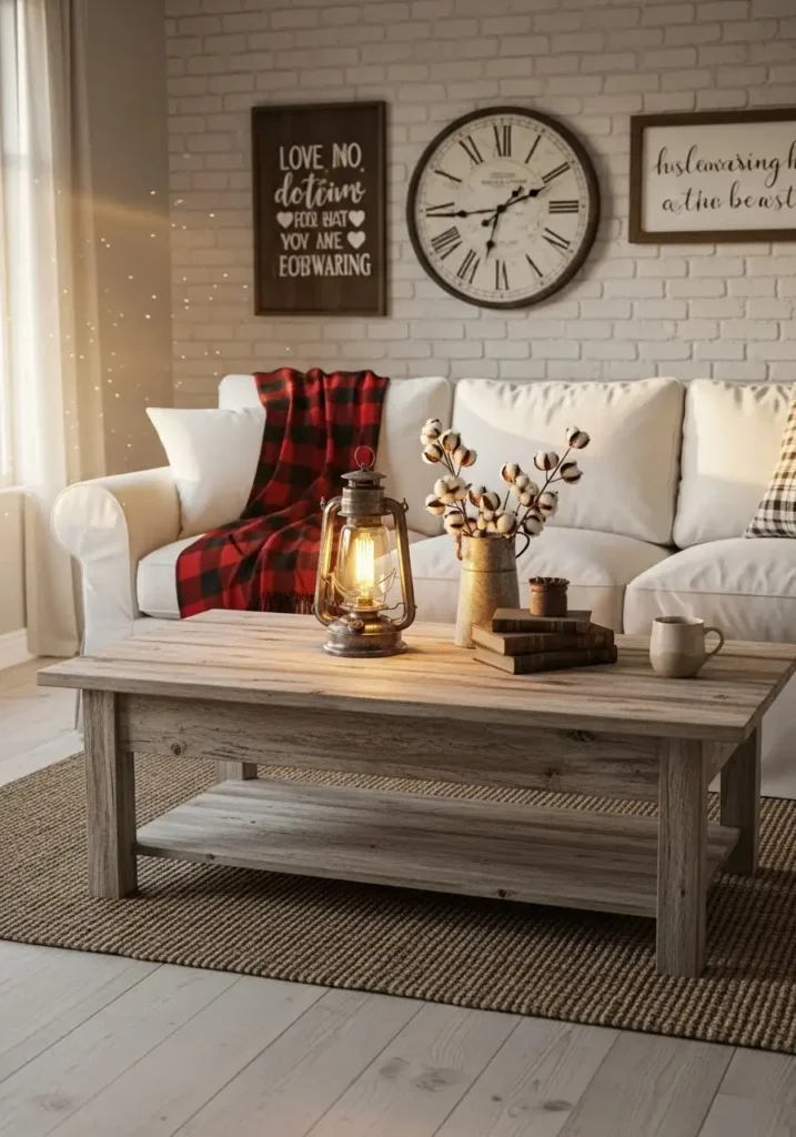 Farmhouse living room with white couch and rustic wood accents.
