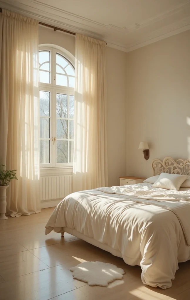 Bright beach bedroom with natural sunlight streaming through sheer curtains.