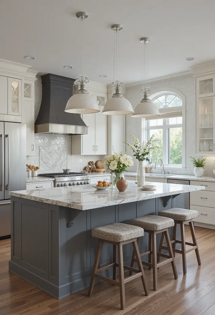 Breakfast bar with stools integrated into a kitchen island.