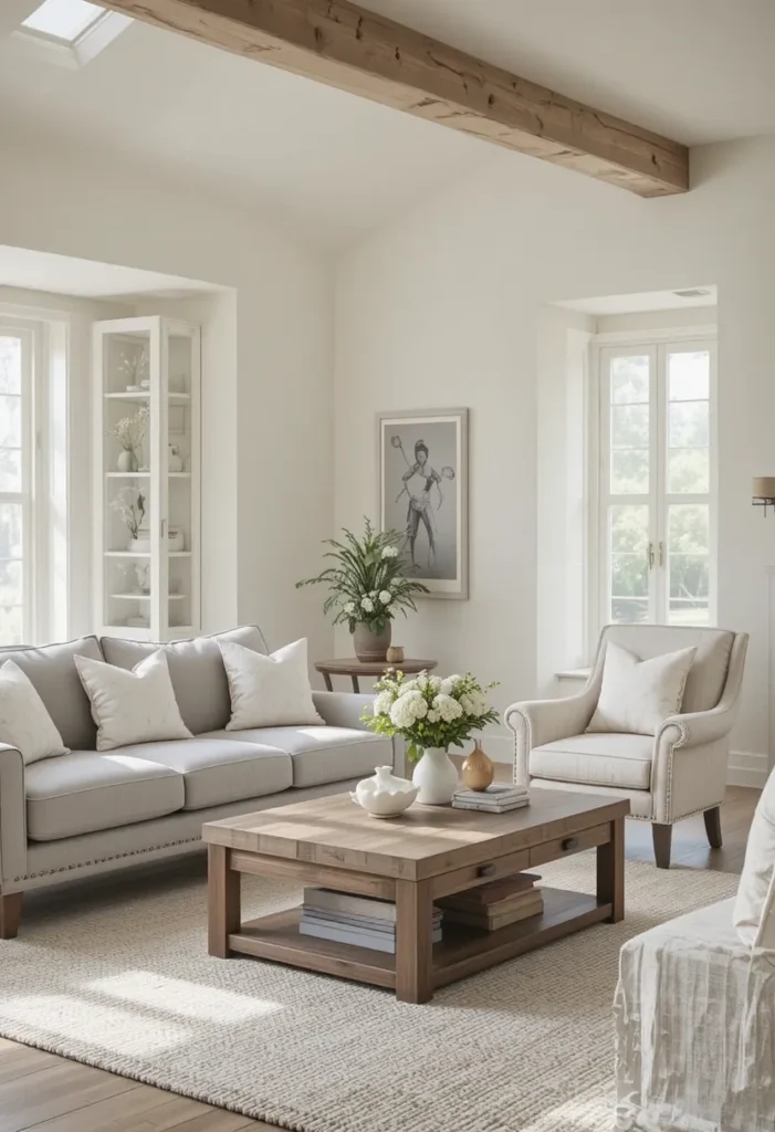 “Farmhouse living room with neutral base colors: off-white walls, gray sofa, and beige furniture creating a calm, inviting space.