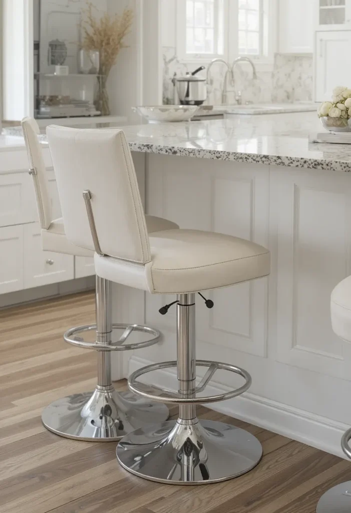 Swivel kitchen island stools with built-in footrests for comfort and easy rotation.