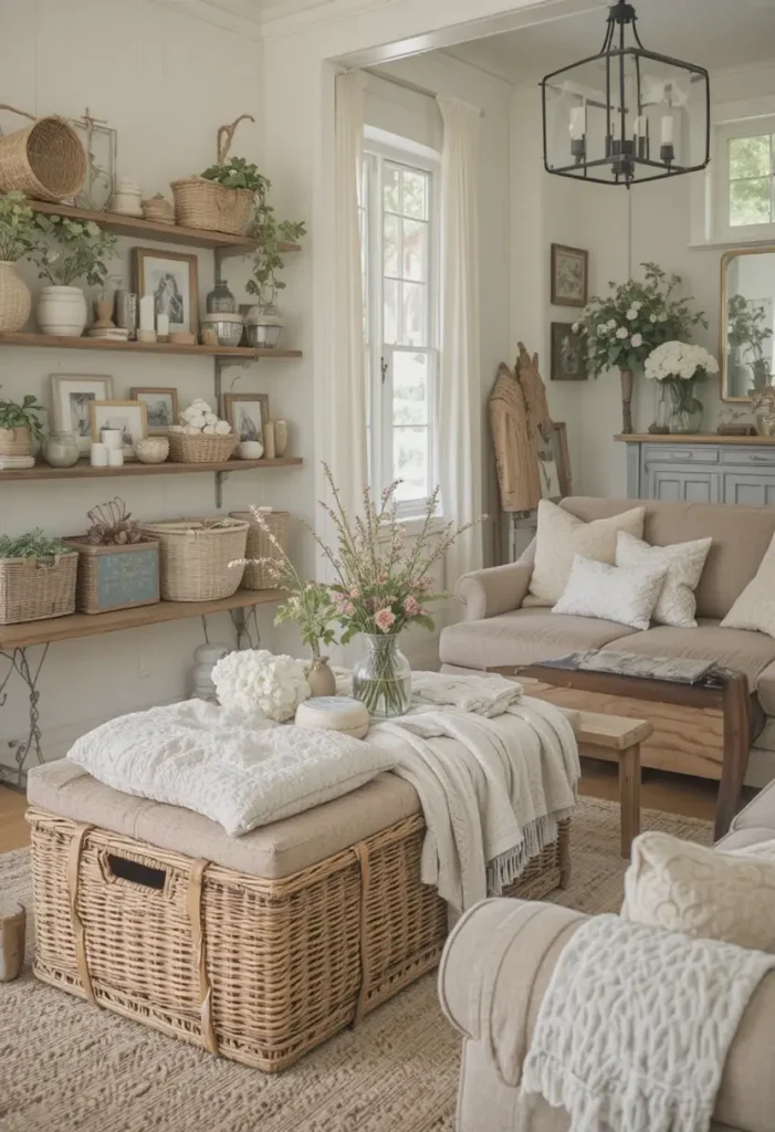 Functional storage in farmhouse living room.