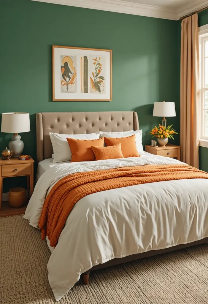 Visual example of 60–30–10 color rule in a green and orange bedroom