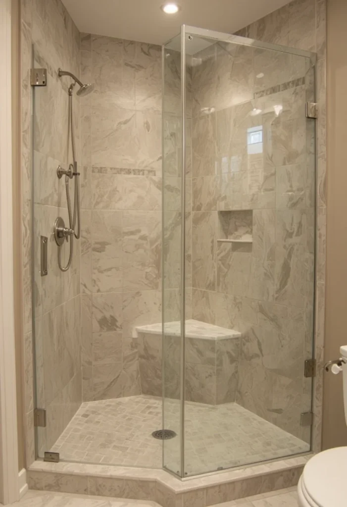 Frameless corner bench in a small walk-in shower for seating and practicality.