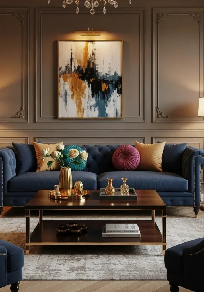 Navy blue couch with gold accents.