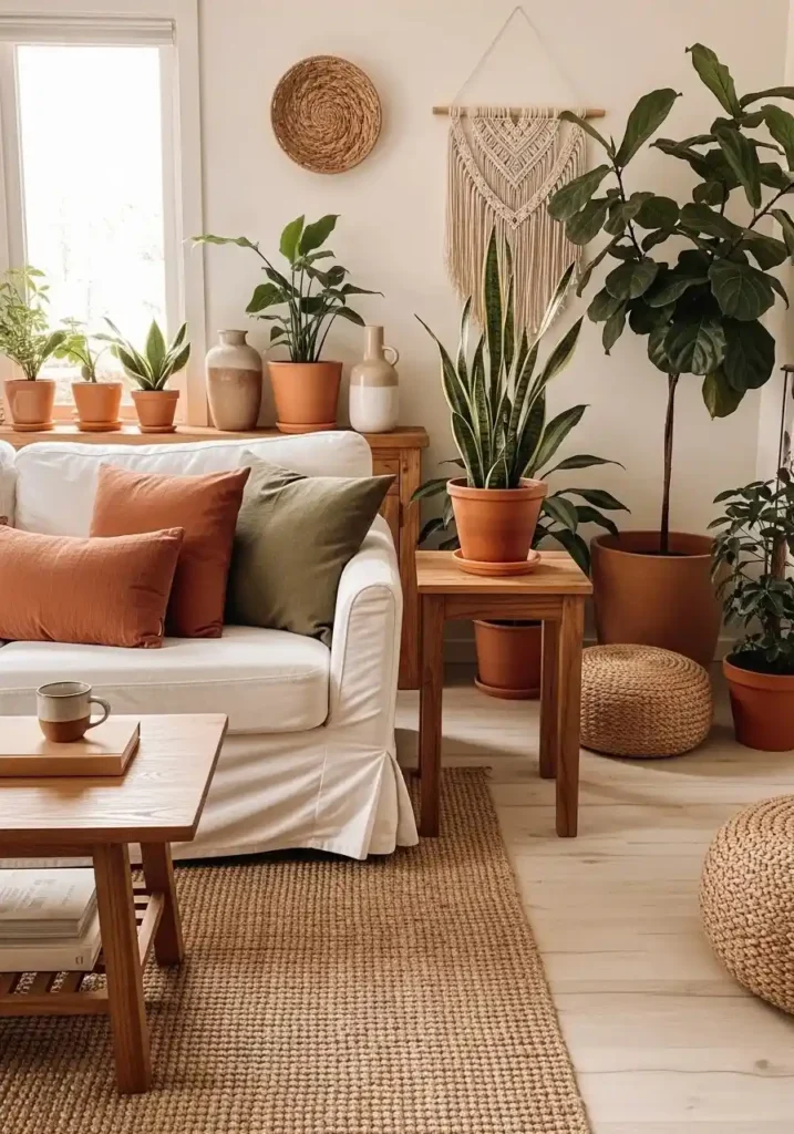 White couch styled with warm earthy tones and greenery.