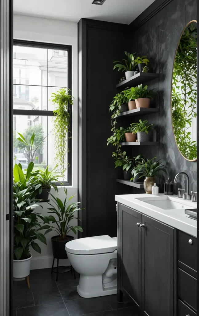 Green plants in black-and-white bathroom