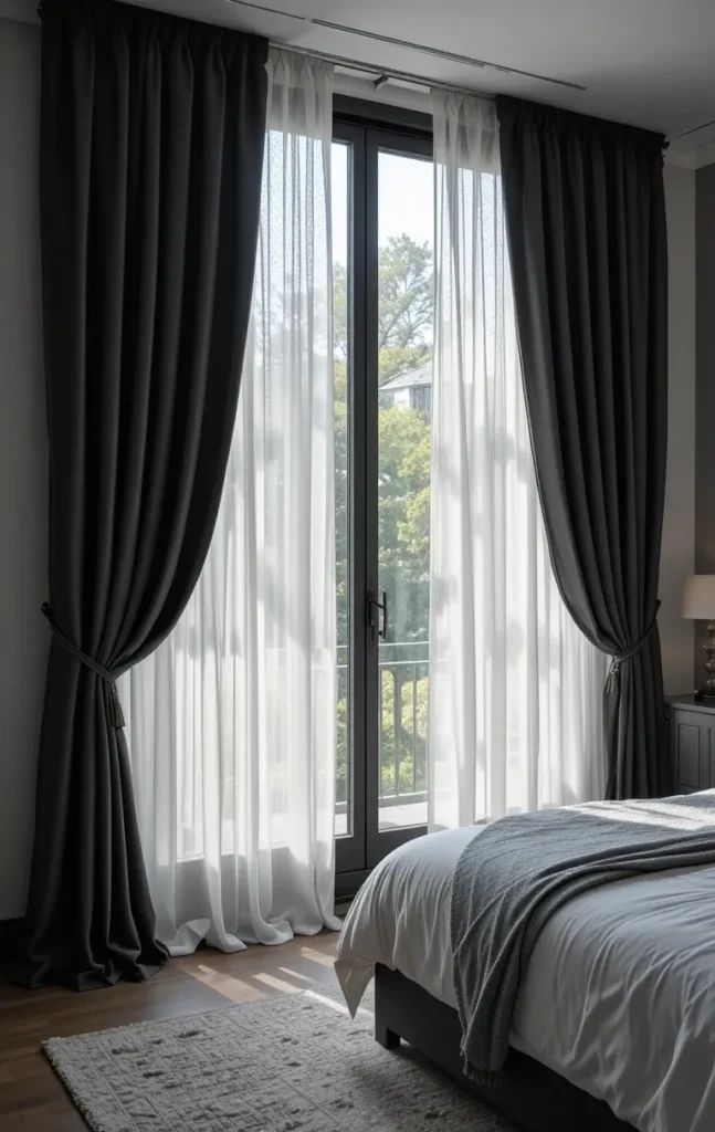 Bedroom with sheer silver curtains layered under black blackout drapes, letting in natural light