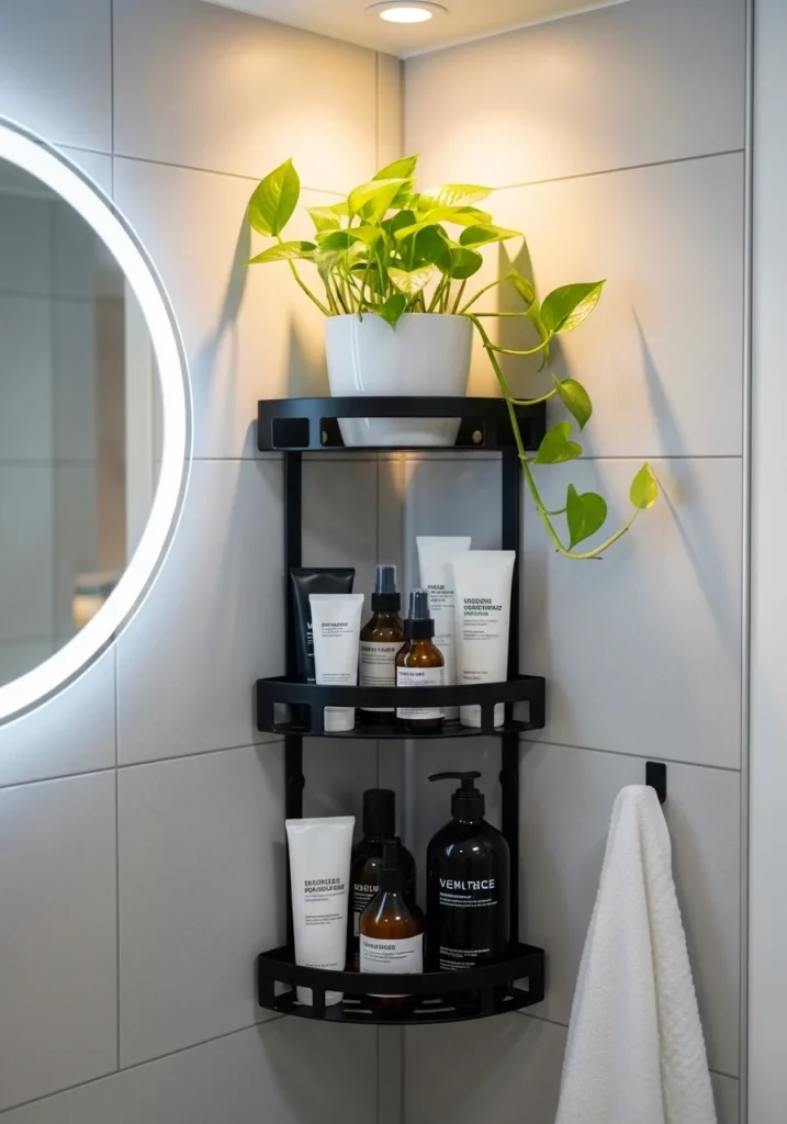 Black tiered corner shelf organizing skincare in small bathroom