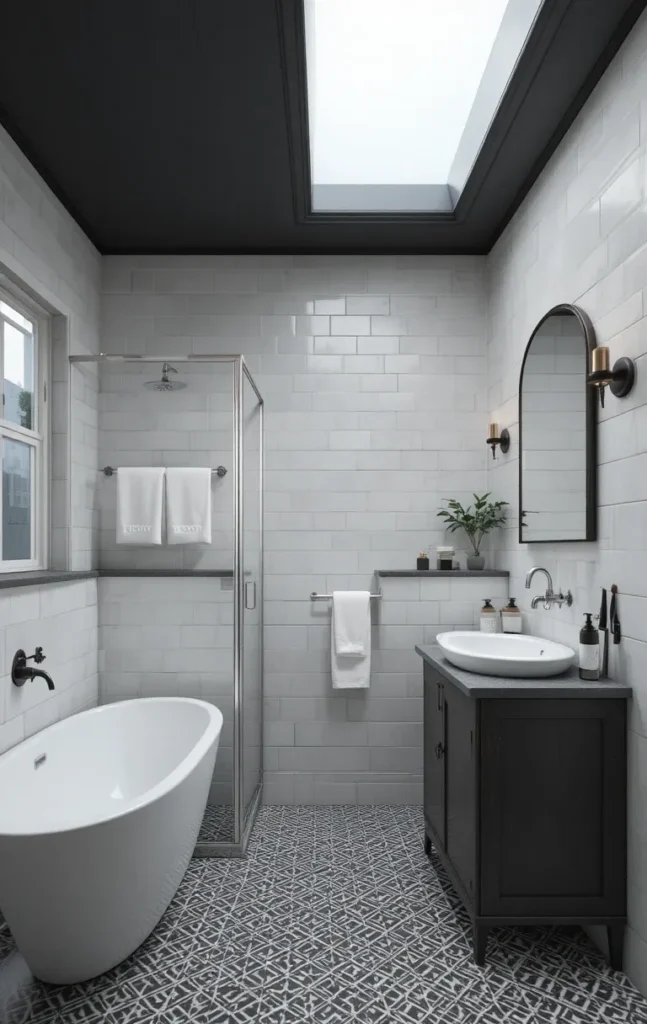 Black bathroom ceiling with white walls