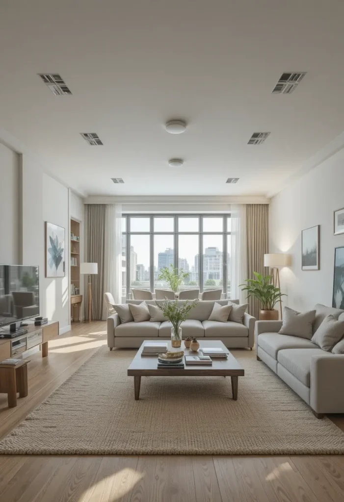 “Apartment living room with open walkways and easy movement around furniture.