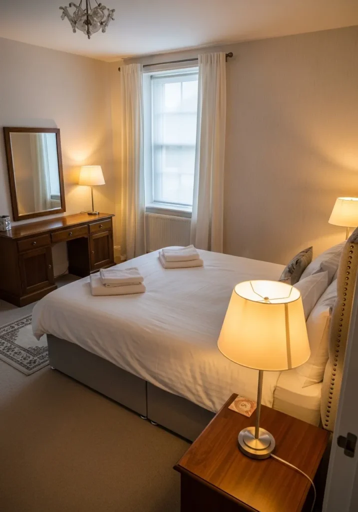 Full bedroom with warm table lamps on nightstands