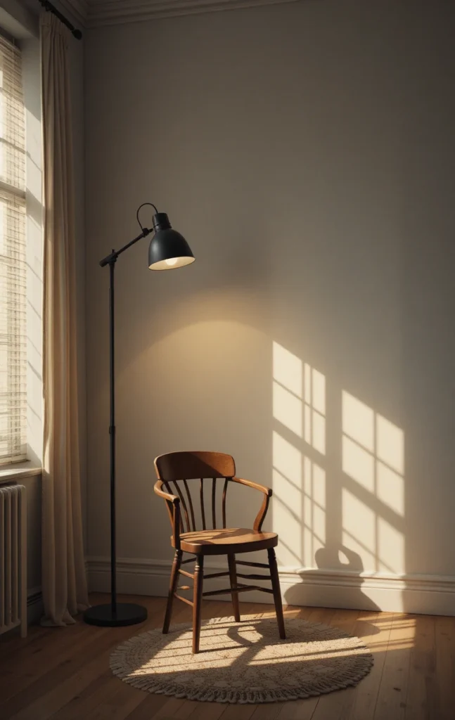 Bedroom corner illuminated by stylish tall floor lamp.