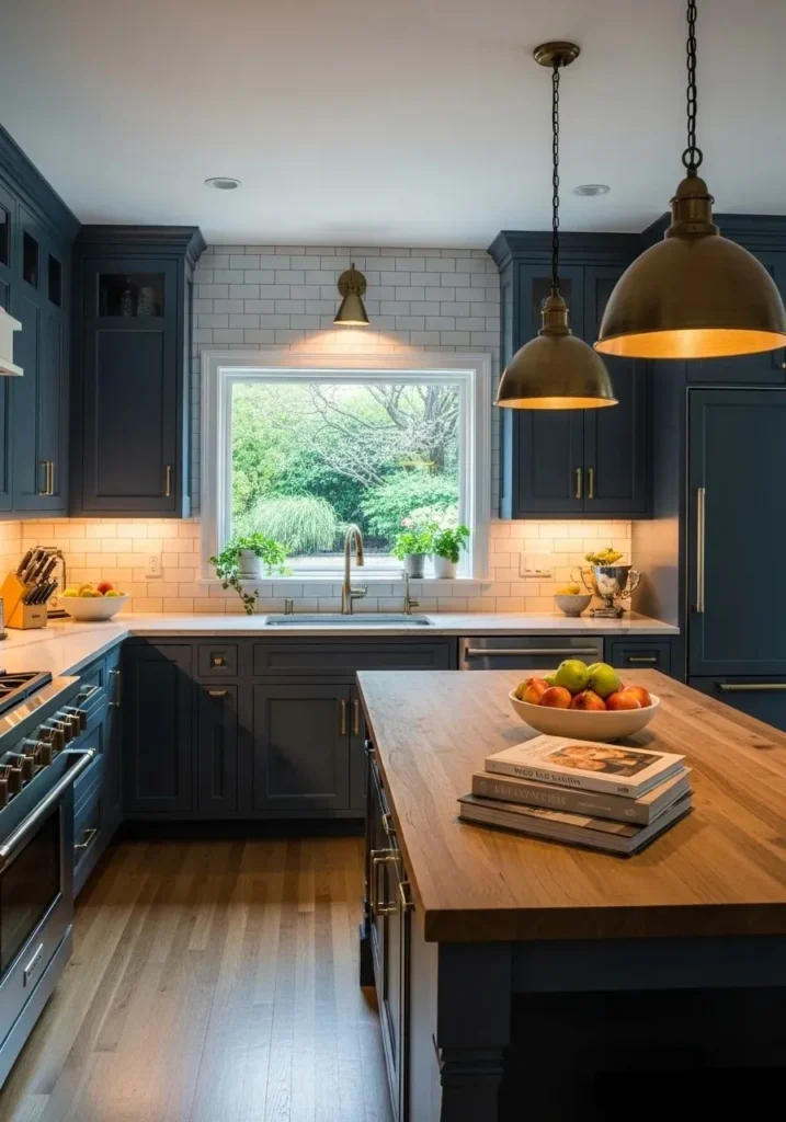Navy cabinets with brass hardware.