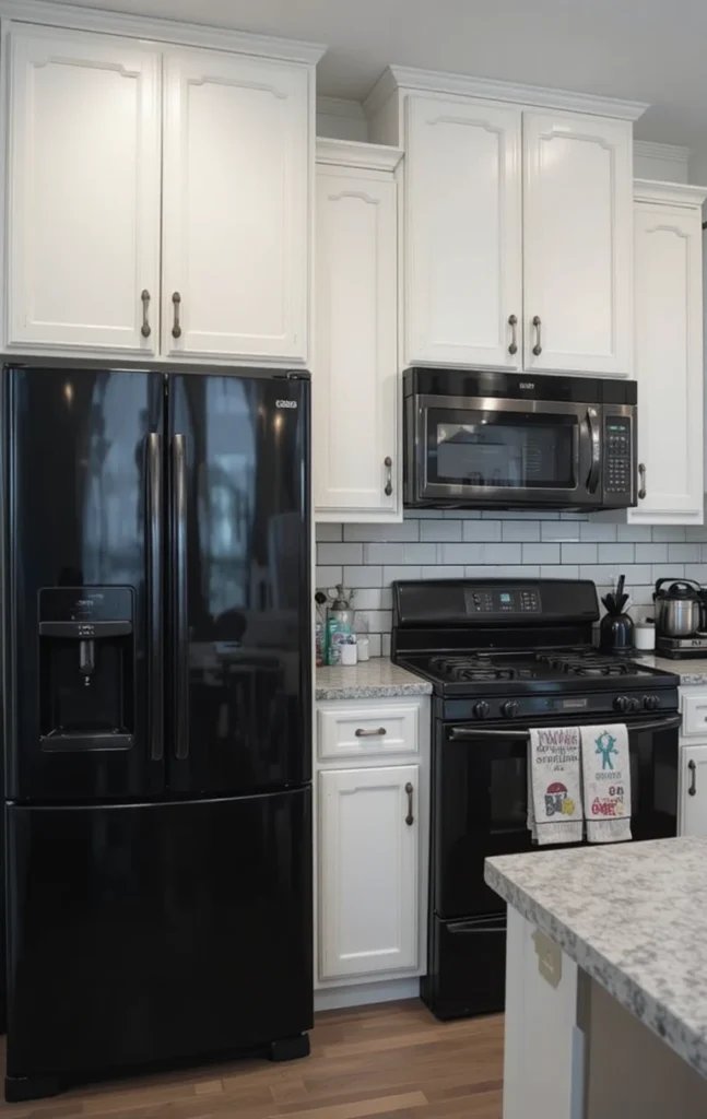 Black appliances framed by white subway tile backsplash with dark grout.