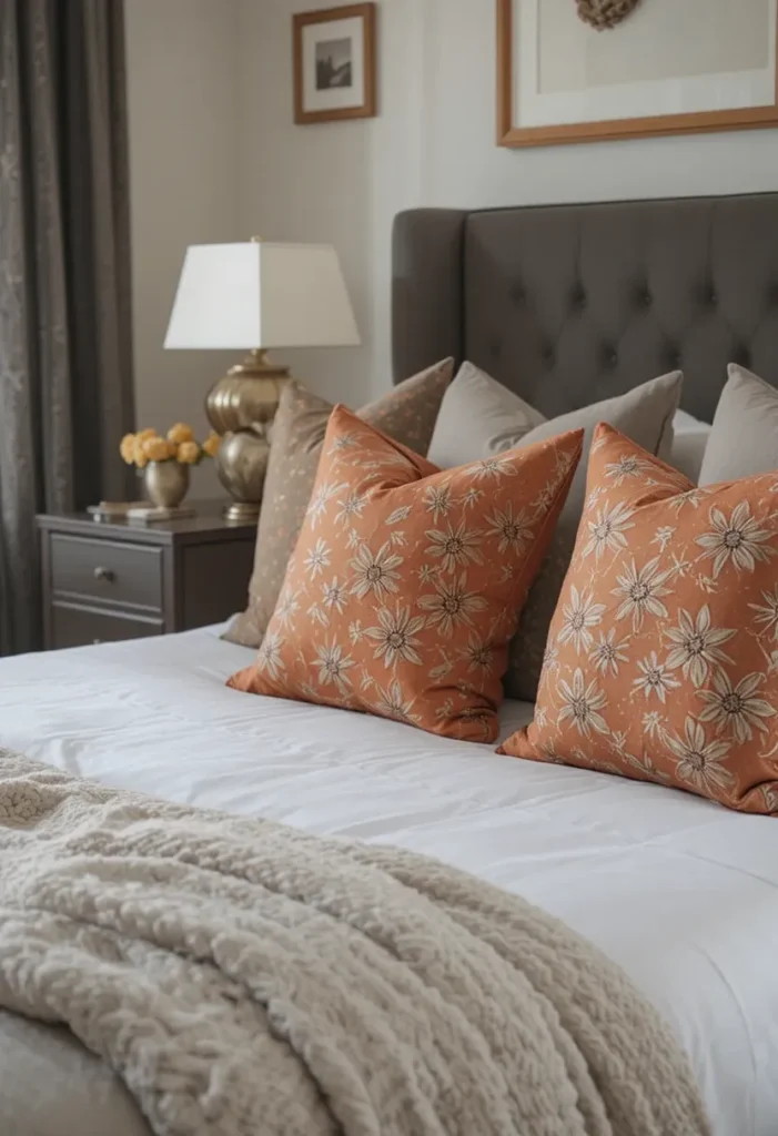 Layered orange bedroom with patterns and textures