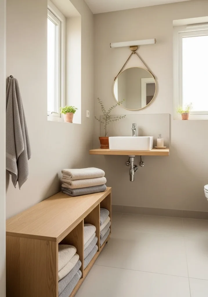 Small bathroom storage bench with hidden towel storage