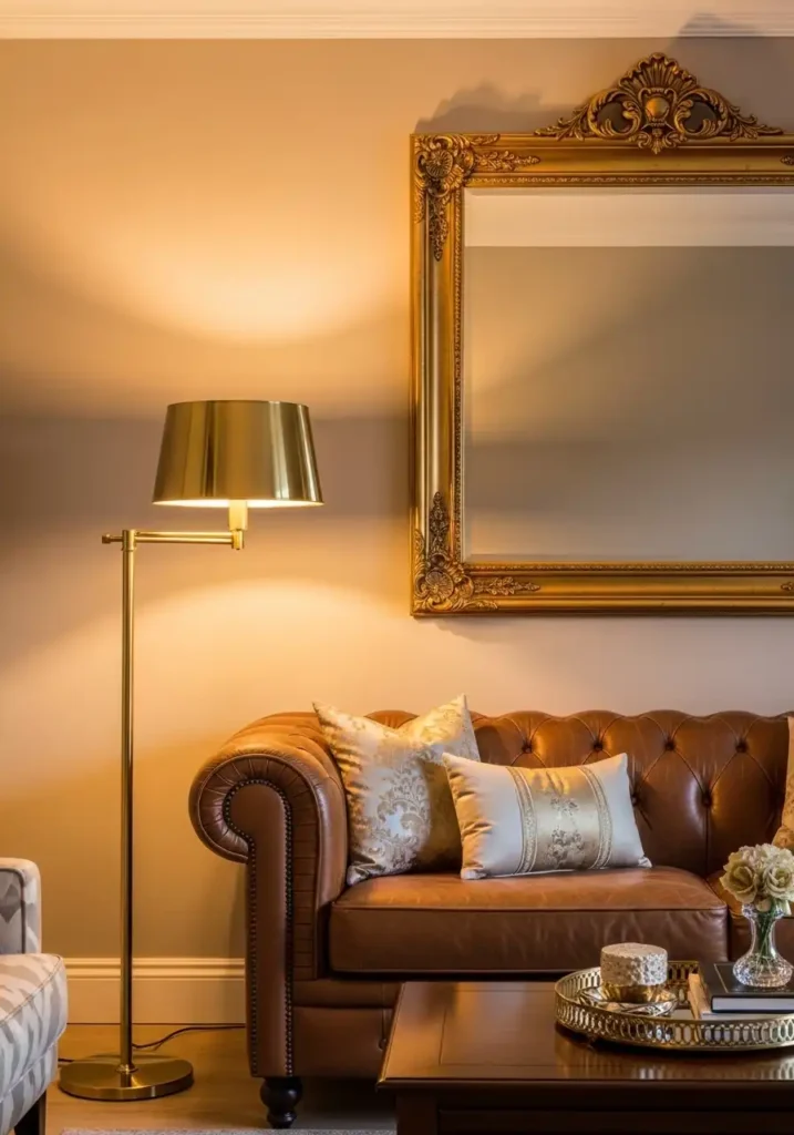 Brown couch with gold and brass accents.