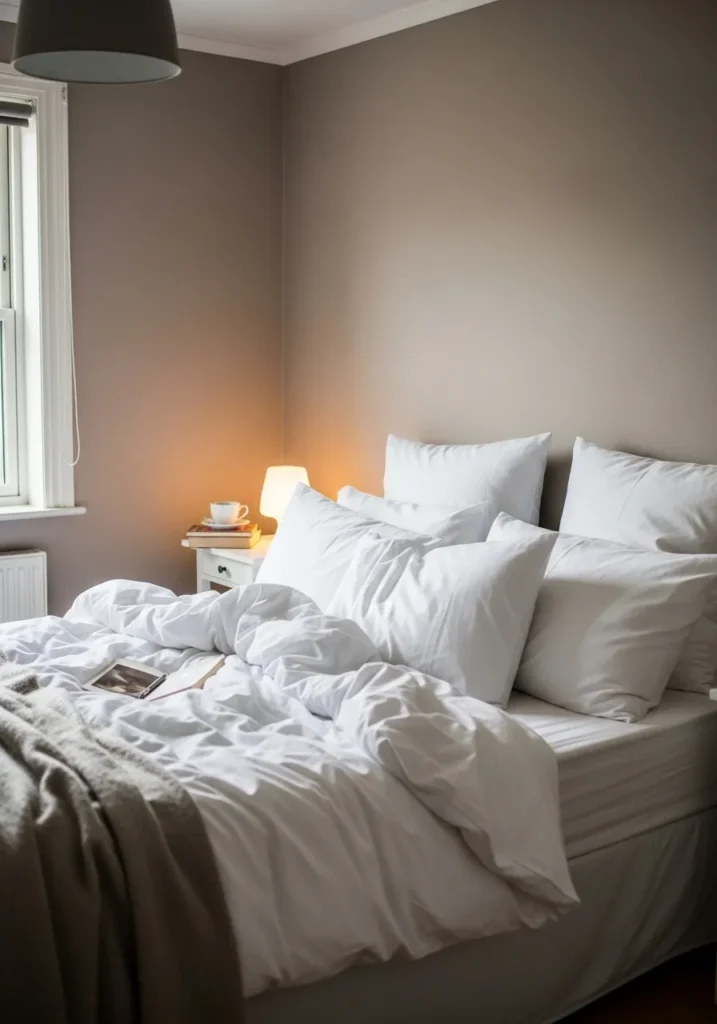 White bedding against taupe walls