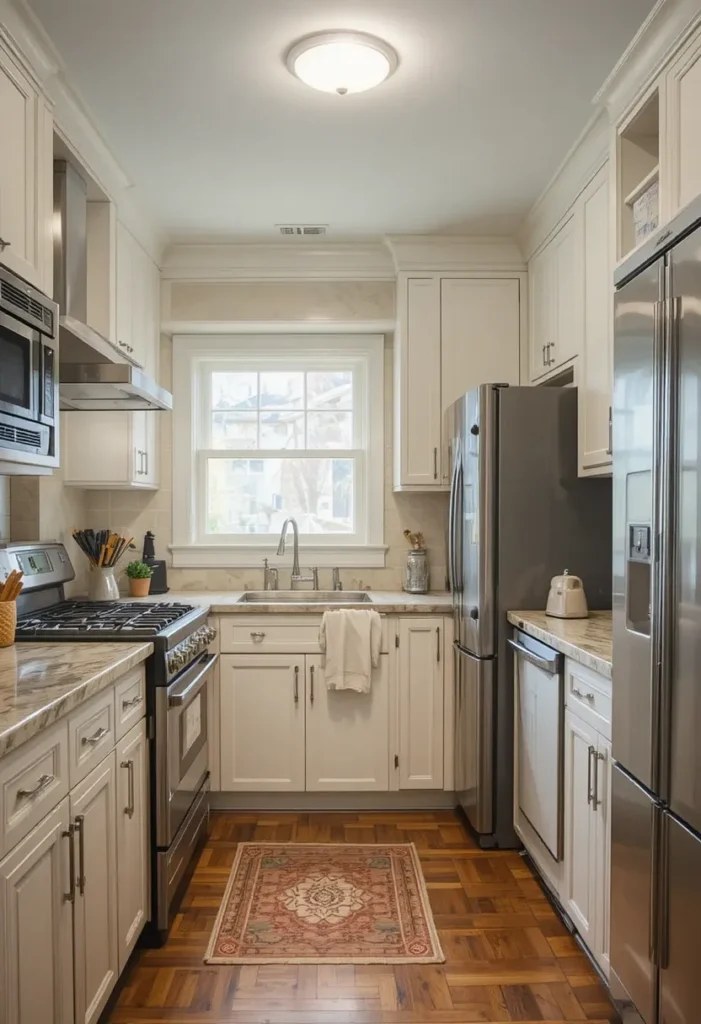 Efficient appliance placement in a U-shaped kitchen layout.