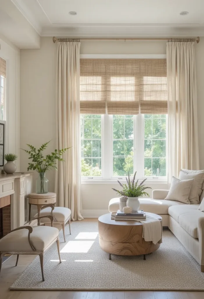 Simple farmhouse windows with linen curtains