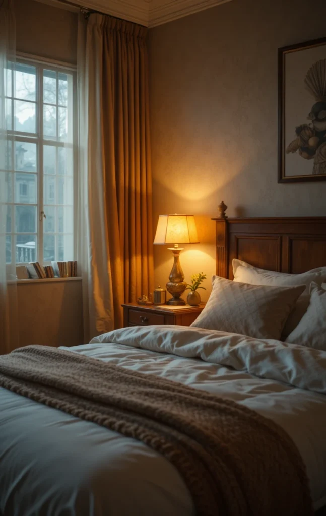 Warm lighting creating cozy mood in black and brown bedroom