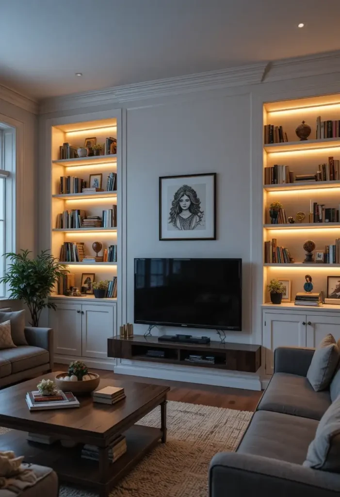 Built-in shelves with integrated lighting highlighting decor in living room